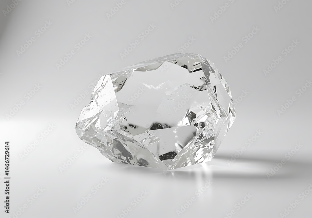 Aufkleber a single uncut diamond resting on a white surface with a soft reflection beneath it in a studio sett