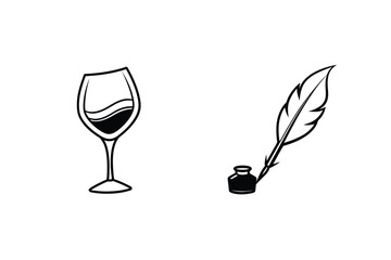 Elegant illustration depicting wine glass and feather pen vector graphics in black and white