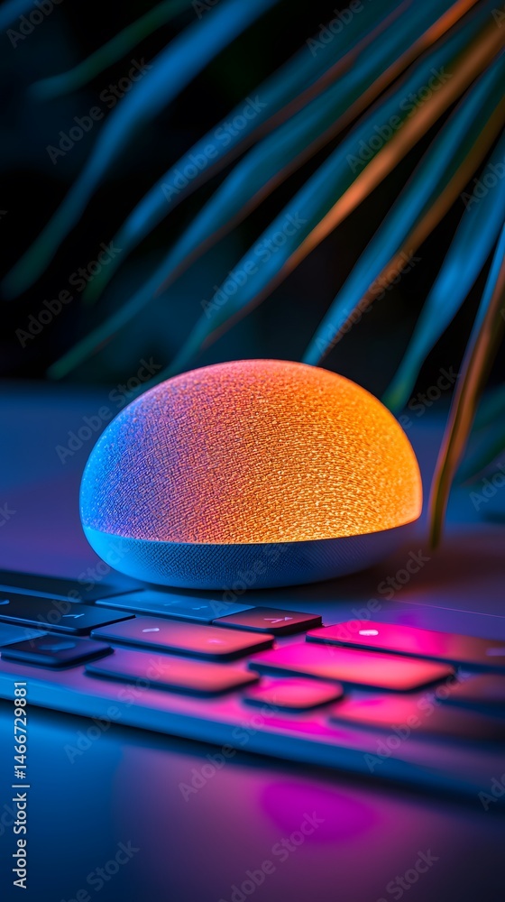 Poster illuminated smart assistant device beside digital notebook