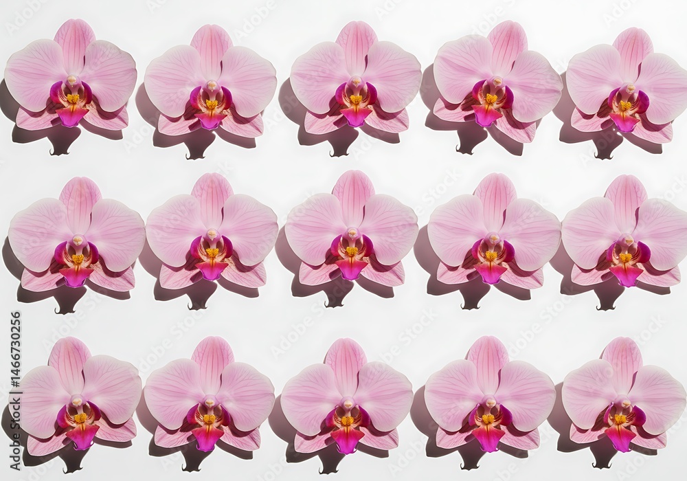 Poster a repeating pattern of light pink orchids with dark pink centers on a white background surface view