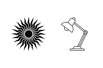 Simple graphic design featuring a sun icon and a desk lamp outline in black color
