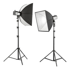 Two professional softbox lights mounted on adjustable stands, ideal for studio photography. setup includes rectangular and octagonal softboxes, providing versatile lighting options
