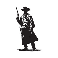 1800s Cowboy Standing Vector Silhouette, Western Icon, Vintage Cowboy Design, Rugged Pioneer Art, Old West Illustration, Western Hero.
