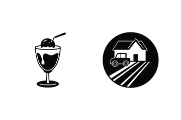 Vector illustration featuring ice cream and house with a car design in black and white color