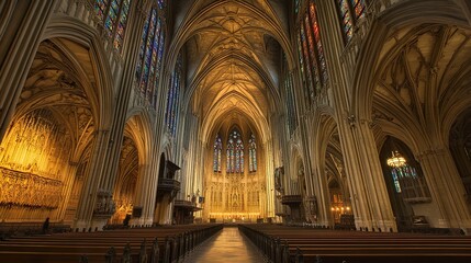 Obraz premium Ornate cathedral nave, high vaulted ceilings adorned with intricate carvings, stained glass illuminating warm tones, soft shadows creating depth, low upward framing. 