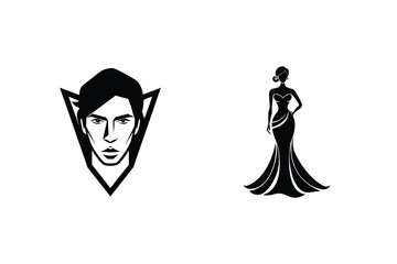 Elegant black and white silhouettes of a man and a woman in formal attire
