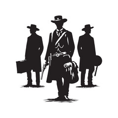 1800s Cowboy Standing Vector Silhouette, Western Icon, Vintage Cowboy Design, Rugged Pioneer Art, Old West Illustration, Western Hero.
