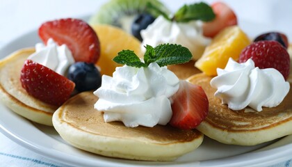 Delicious Pancakes Topped with Fresh Strawberries Kiwi Orange and Whipped Cream
