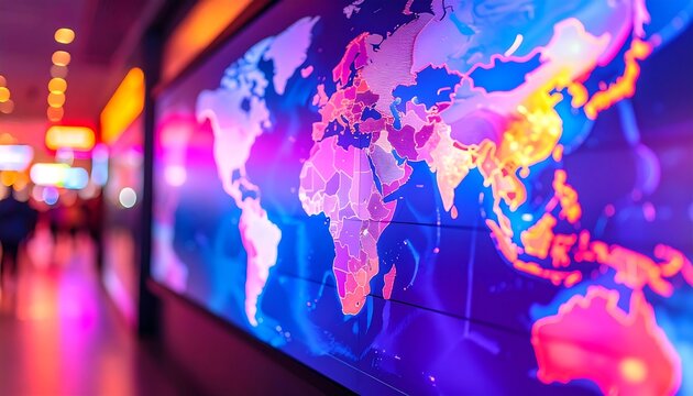 Vibrant World Map Display Illuminated in Neon Colors at Night Global Connectivity and International Business Concept