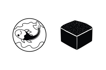 Black and white illustration of koi fish in water and a square sushi piece