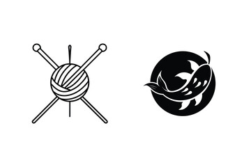 Black and white vector illustration featuring knitting tools and koi fish symbol