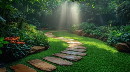 Curved Garden Path Illuminated by Sunbeams in a Lush Forest Setting.