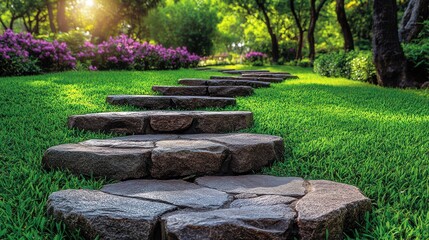 Sunlit Garden Path with Stepping Stones and Blooming Purple Flowers.