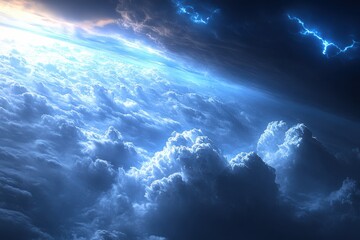 Naklejka premium Blue storm clouds with lightning in dramatic sky background