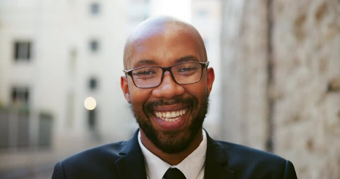 Glasses, face and business black man in city for attorney, legal representative or professional. Corporate lawyer, solicitor or advisor with person outdoor for advocate and courtroom consultant