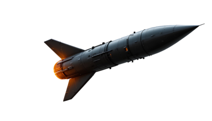 a dark, metallic missile in flight, thrusters blazing isolated on transparent background 