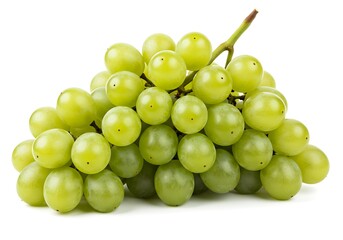 A close up shot of a bunch of green grapes isolated on a white background with a small stem on top