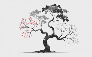 Minimalist Ink Tree Showing Seasonal Changes in Branches and Leaves.