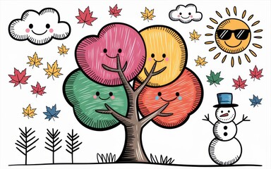 Whimsical Tree Representing Four Seasons with Happy Faces and Weather Symbols.