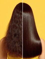 Before and after hair treatment comparison showing transformation from frizzy dry texture to smooth, shiny and healthy straight hair on dark background.