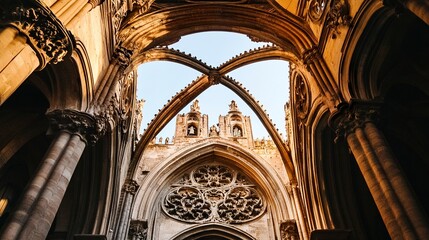 Palermo Cathedral's Gothic architecture, ornate details and pointed arches highlighted by soft Mediterranean light, centered perspective.  