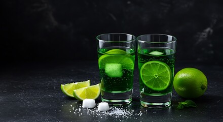 Preparing Green Lime Drinks with Sugar and Mint on Dark Surface