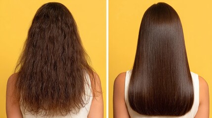 Before and after comparison of frizzy versus smooth straight hair on woman with yellow background for hair treatment concept