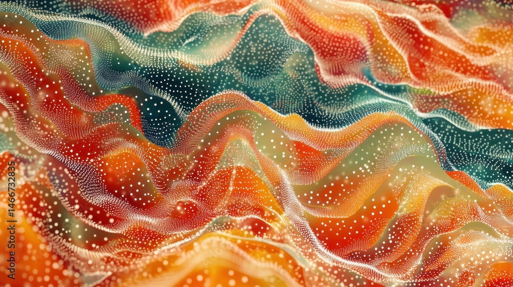 Poster abstract data visualization with wavy lines and sparkling dots; digital art; generative design; futu