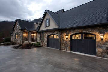 Designer home with split garage doors and custom stone 