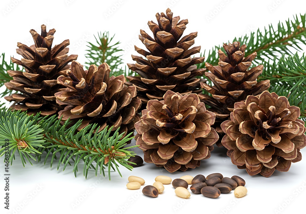 Poster a group of pine cones with green pine needles and pine nuts on a white surface background view close