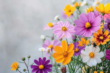 Bee pollinating colorful cosmos flowers in summer garden