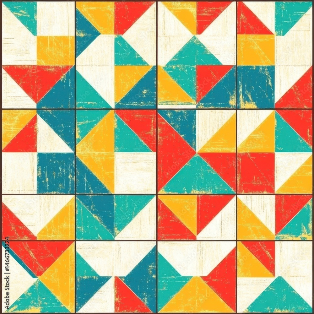 Poster colorful geometric pattern of triangles and squares in a grid layout with a distressed texture and a