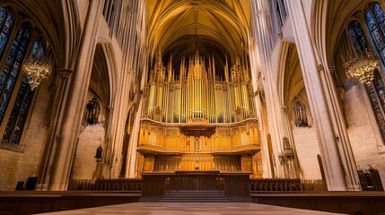 Radiant golden cathedral organ pipes, soft light enhancing ornate details, framed by warm wood and stonework, wide-angle perspective.  