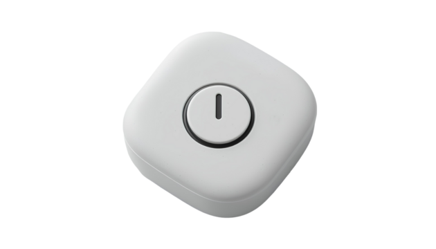 close-up view of a square, white power button isolated on transparent background 