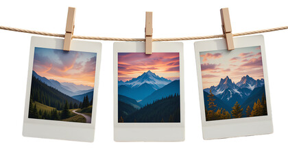 Three vintage instant photos hanging on a clothesline. Each photo depicts a landscape scene isolated on transparent background 