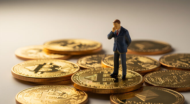 Miniature Businessman Contemplating Financial Strategy Standing on Gold Cryptocurrency Coins Investment Theme Still Life