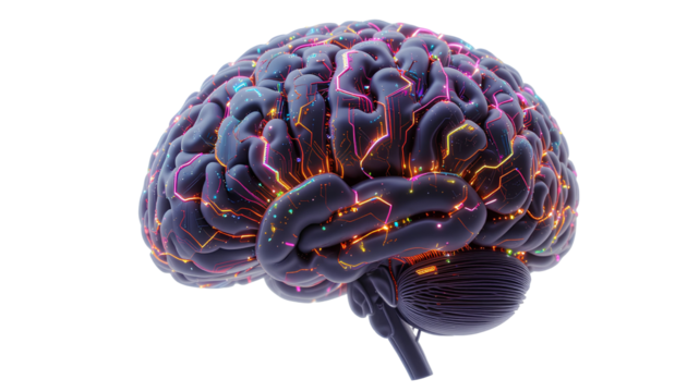 3D model of a human brain, side view, highly detailed isolated on transparent background 