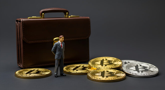 Miniature Businessman Next To Gold and Silver Bitcoins With Brown Leather Briefcase on Dark Gray Background - Powered by Adobe