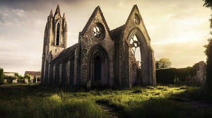Fototapeta premium Ruined Gothic church, weathered stone walls and broken spires standing amid overgrown grass, dramatic lighting accentuating its aged beauty, centered perspective. 