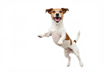 Happy jack russell terrier dog jumping in the air on white background