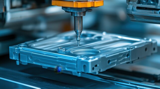 Close-up of injection molding ejector pins pushing newly formed plastic part out of mold cavity after cooling