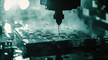 Close-up of mold cavity being filled with hot plastic resin as injection molding nozzle applies pressure