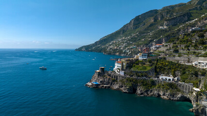 Aerial view of the Amalfi Coast, in the province of Salerno, Campania, Italy. This coastal panorama is one of the most beautiful and touristic on the Italian peninsula.  © Stefano Tammaro