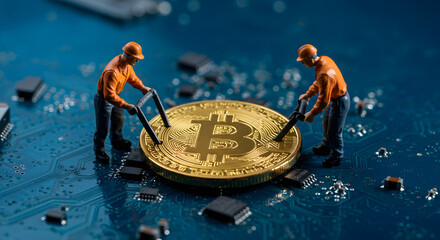Miniature Construction Workers Mining Golden Bitcoin on Blue Circuit Board Digital Cryptocurrency