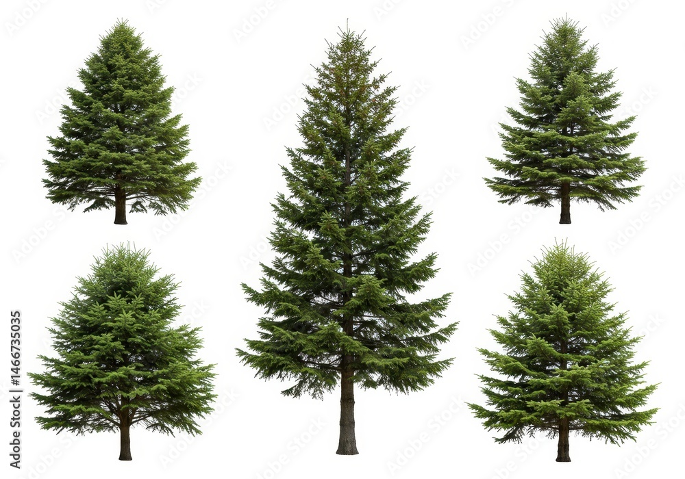 Poster five evergreen trees of different sizes isolated on white background for design elements