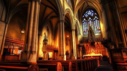 Fototapeta premium Shadowed cathedral interior, faint candlelight highlights the intricate stone pillars, spectral figures in pews blend with dim colors from stained glass, wide framing emphasizes solemnity. 
