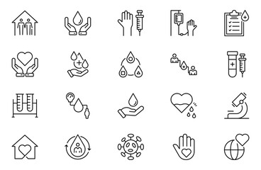 Blood Bank line icon set with blood, donation, plasma, platelets,  transfusion, crossmatch blood bag, hearts, cute blood drop and rh factor. Mobile App, UI, UX, and GUI design.