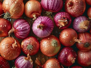 Fresh Onions with Glistening Droplets of Water on a Seamless Background for Food Advertising Photography