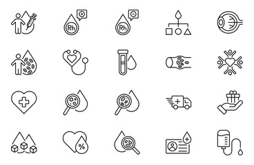 Blood Bank line icon set with blood, donation, plasma, platelets, transfusion, crossmatch blood bag, hearts, cute blood drop and rh factor. Mobile App, UI, UX, and GUI design.