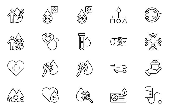 Blood Bank line icon set with blood, donation, plasma, platelets, transfusion, crossmatch blood bag, hearts, cute blood drop and rh factor. Mobile App, UI, UX, and GUI design.